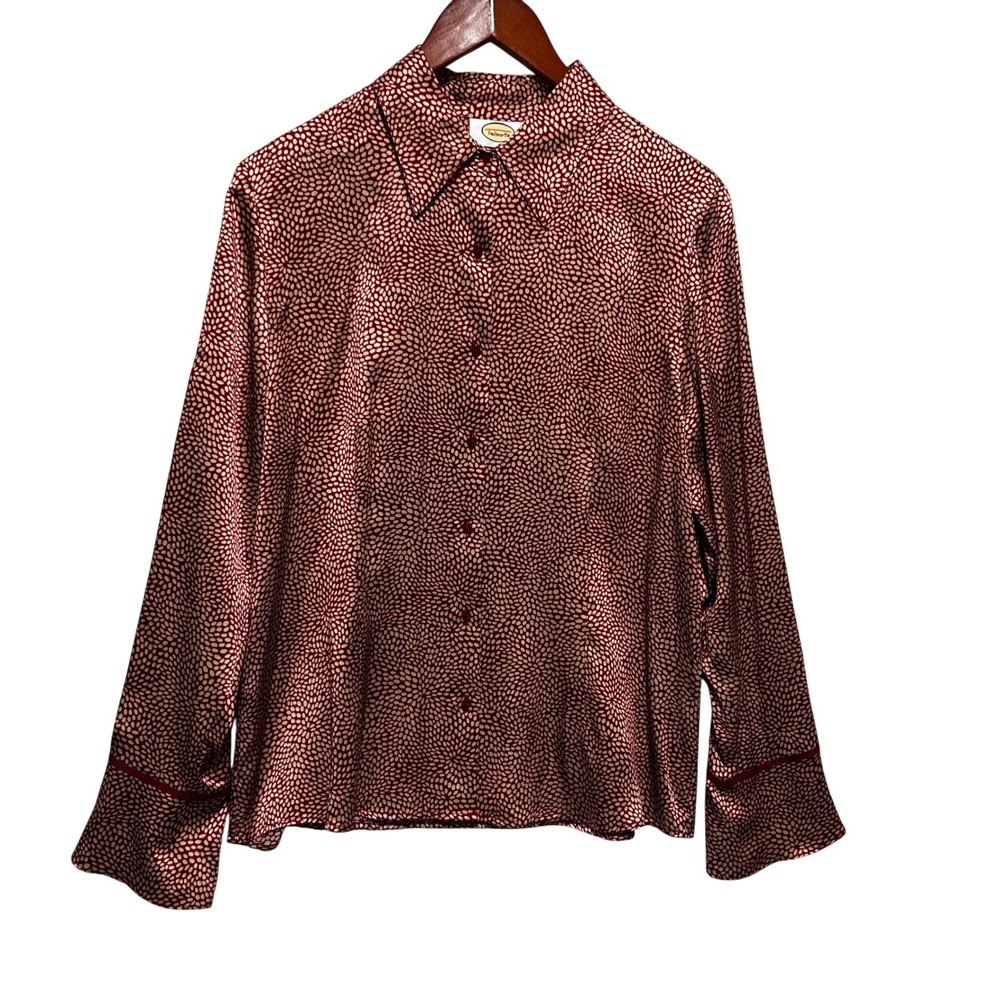 Vintage Talbots Womens Silk Blouse 14 Red Geometric Retro Button Up Career Chic